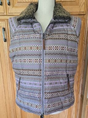 UGG Lavender and Brown Woven Sherpa-Trim Puffer Vest Lg